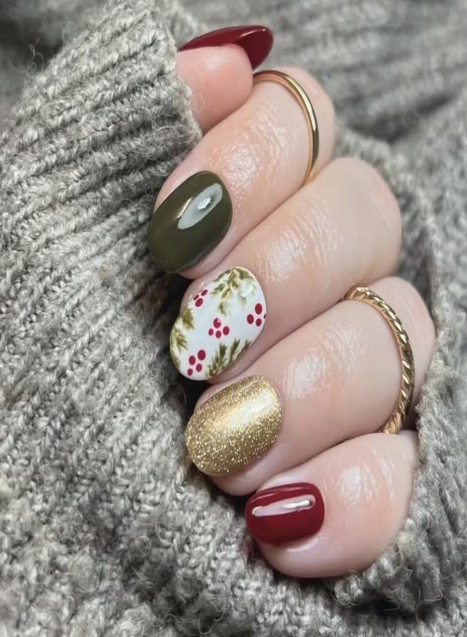 HJKDSFD Winter Press on Nails Short Christmas Fake Nails Red Green Oval Glue on Christmas Fruit False With Glitter Designs Glossy Acrylic Xmas Cute Glue Stick for Women 24Pcs - Image 1